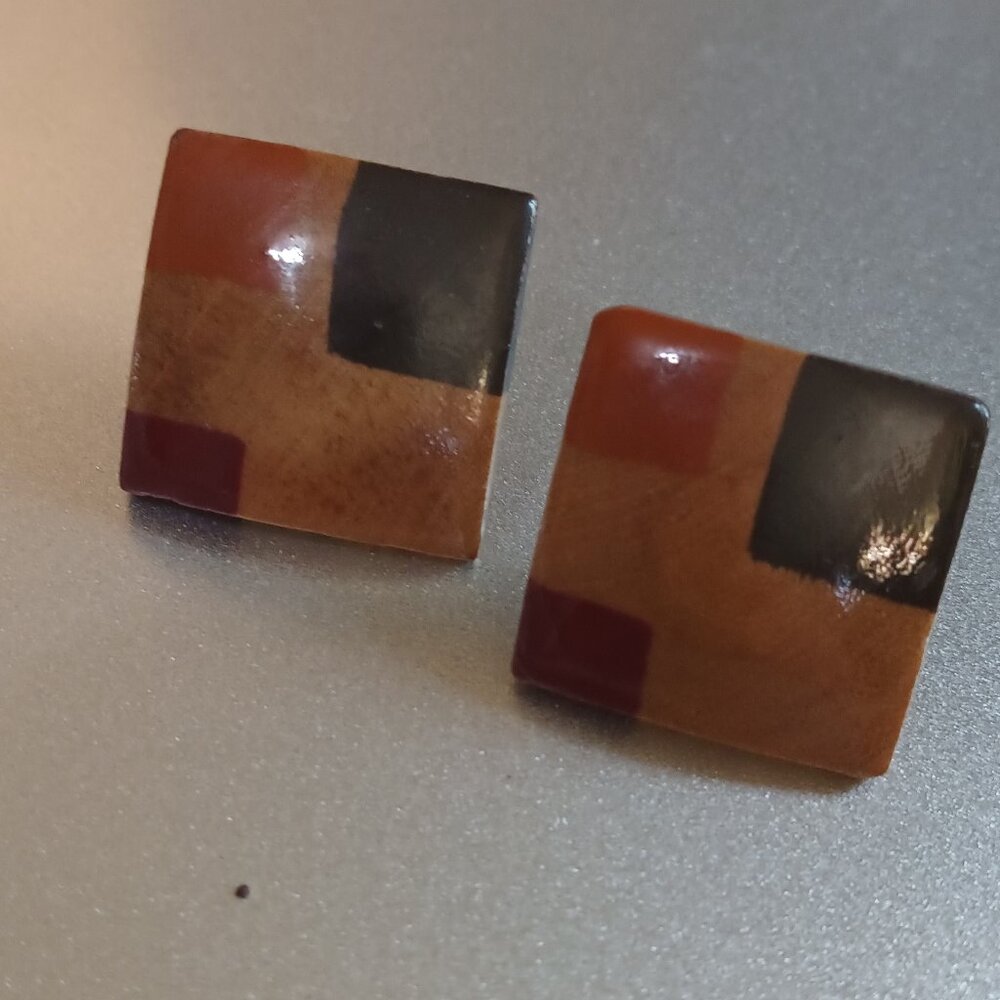 Square Multi Color Wood Earrings